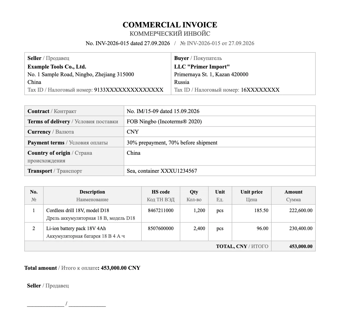 Образец коммерческого инвойса на английском и русском: продавец из Китая, покупатель из России, FOB Нинбо, две позиции с кодами ТН ВЭД, итог в юанях